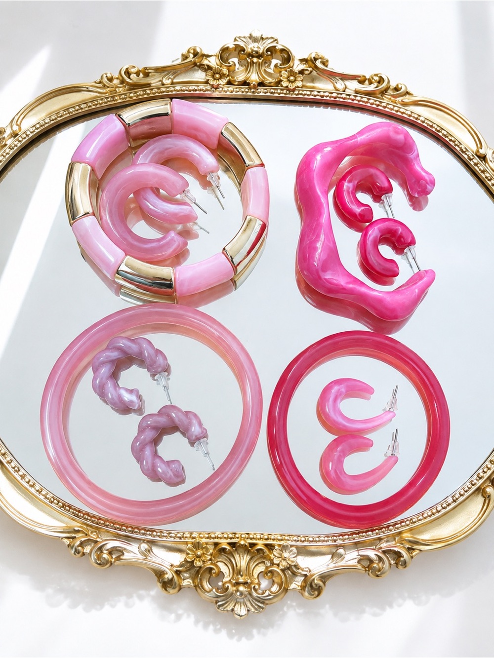 Pink Resin Hoop Earrings Set - Women Jewelry Bracelets